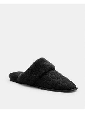 Coach Sherpa Flat Mule Slipper Women's Size 8 Black Signature Suede Shoes CCX65
